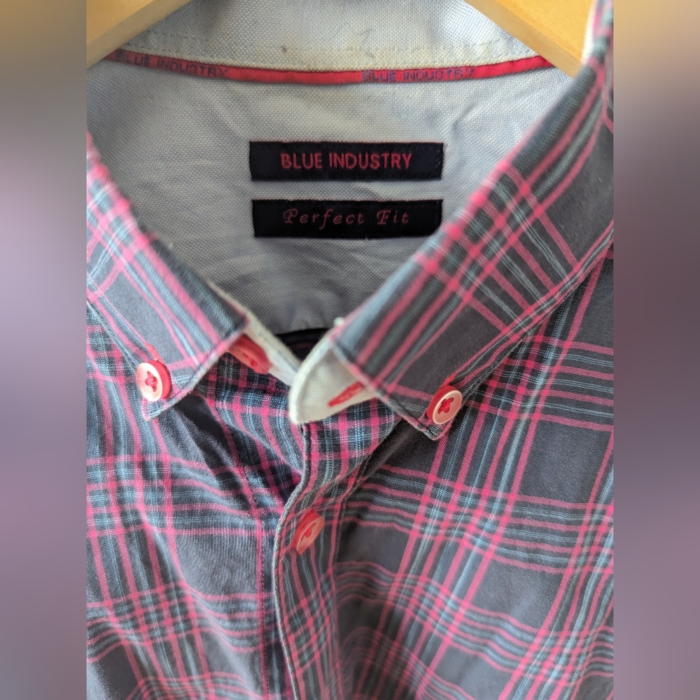 Blue Industry Perfect Fit Shirt Size 39, navy and pink plaid